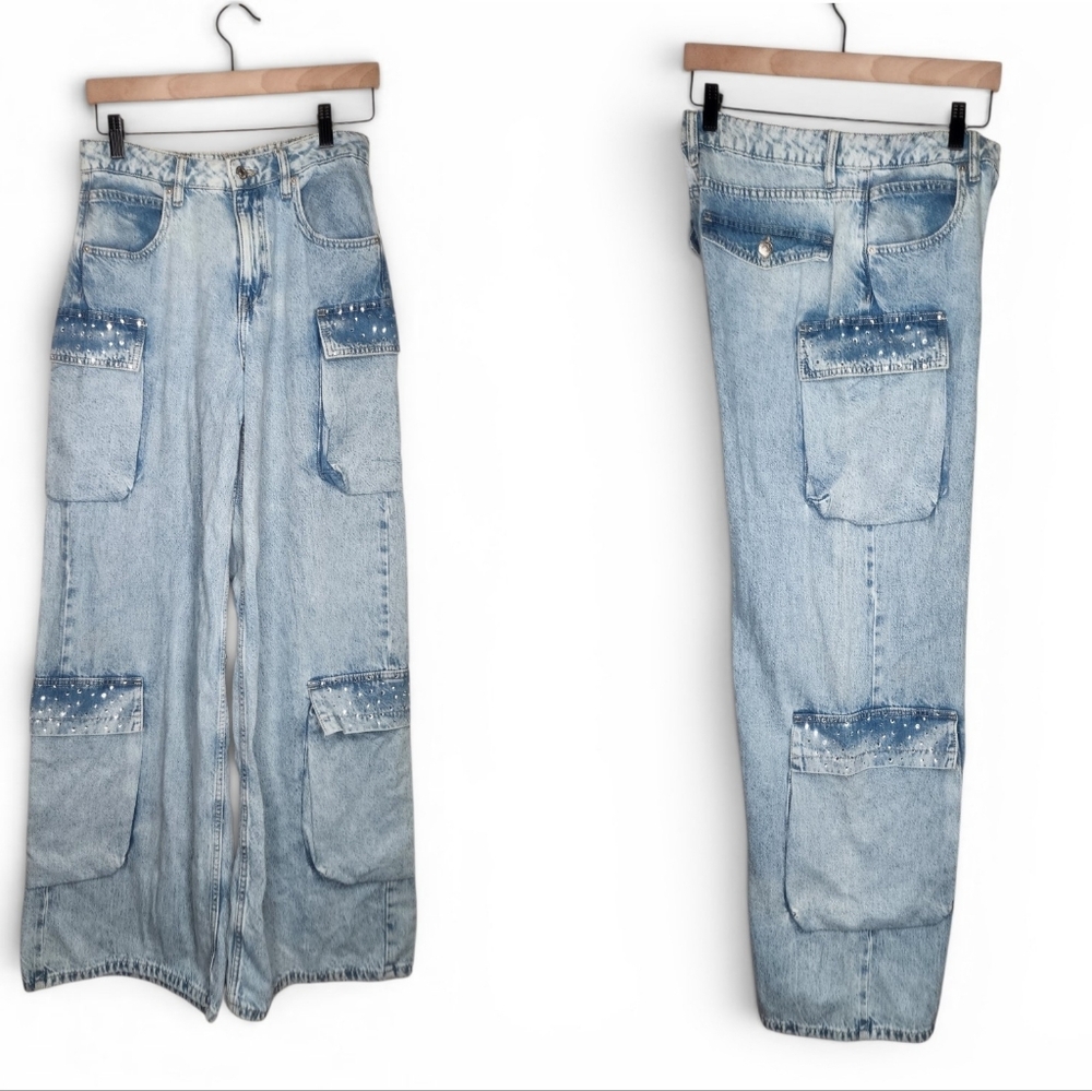 Forever 21 Premium Rhinestone Embellished Baggy Cargo Jeans Size 27